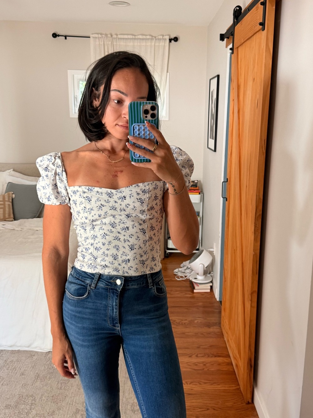 Reformation White Floral Square-Neck Puff Sleeve Crop Top